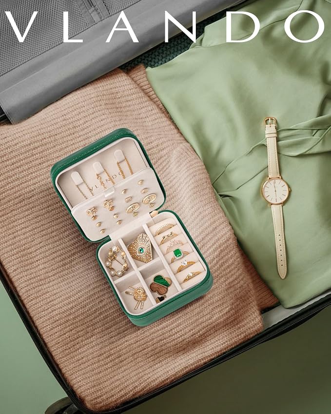 VLANDO Travel Jewelry Case, Small Travel Jewelry Organizer Box for Girls Women - Dark Green - Image 2
