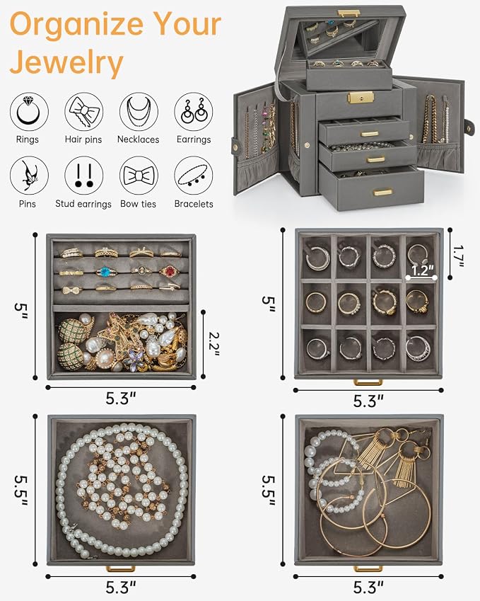 AKOZLIN 4-Tier Jewelry Box Leather Jewelry Storage Organizer with 3 Drawers Lockable for Women Girls Ring Necklace Earring Bracelet Holder with Mirror Dark Grey - Image 4