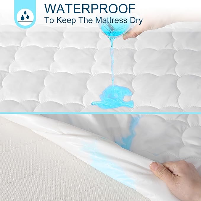 Queen Air Bed Mattress Pad with 15-24 Inch Deep Pockets - Waterproof Protector for Warm Sleep & Cold Air Insulation,Perfect for Camping, Guest Bed, Pets & Overnight Visitors-White