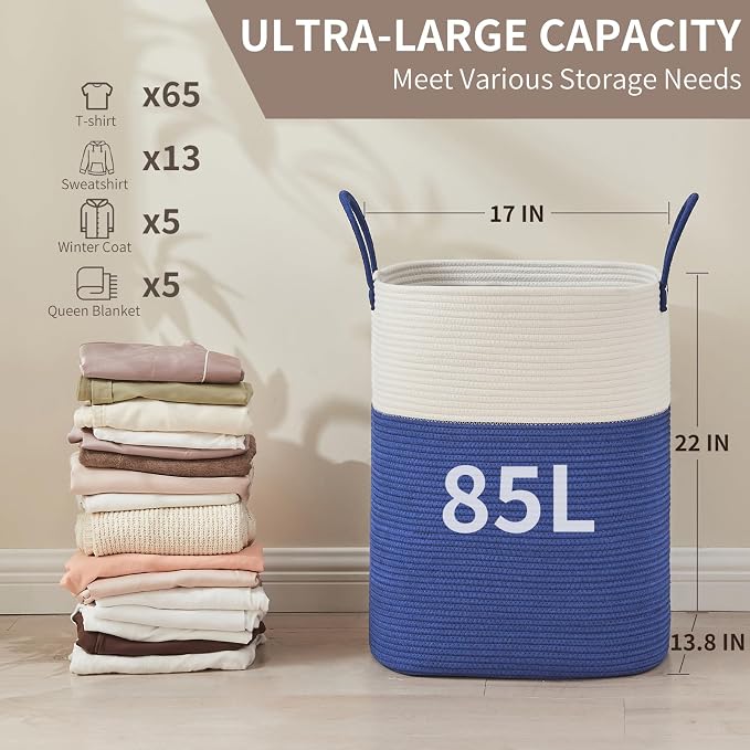 AINUOQI Laundry Basket with Handles - Blanket Basket & Hampers for Bedroom Aesthetic, Laundry Hamper & Blanket Storage for Living Room, Clothes Hamper, Tall, Large 17" x 14" x 23”, White & Dark Blue - Image 2