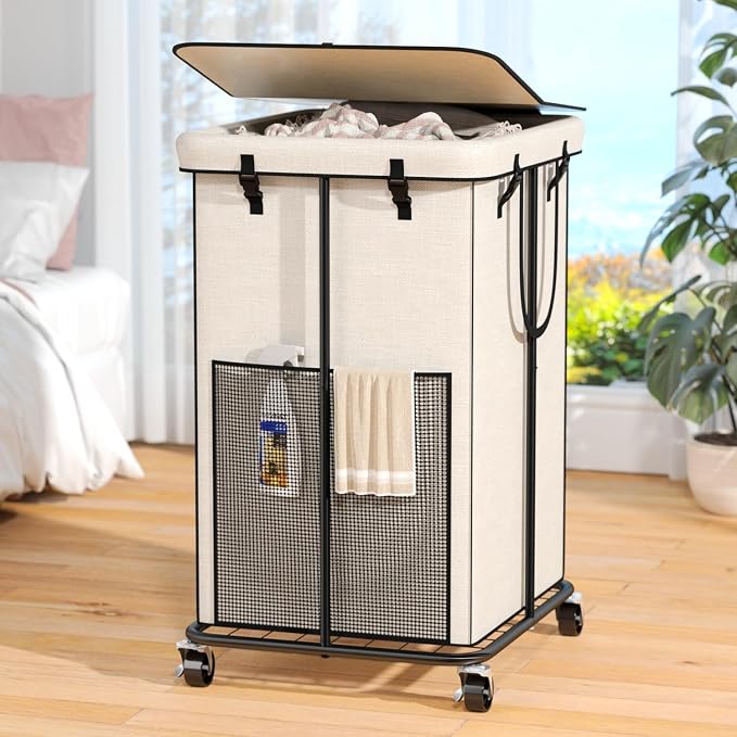 160L Laundry Hamper with Lid, Rolling Laundry Basket with Wheels, Large & Tall Dirty Clothes Hamper with Metal Frame and Removable Bag for Bedroom Aesthetic, Laundry Room, Bathroom, Dorm-White by OLLDIDE