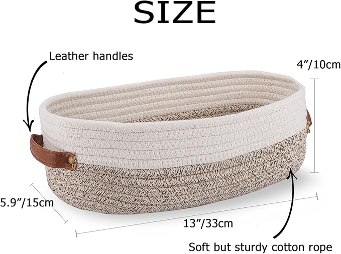 2 Pack Woven Storage Basket for Toilet Tank Top,Farmhouse Home Decor Organizing Basket for Bathroom,Table and Counter 13"x5.9"x4" Apricot Stitching White - Image 5
