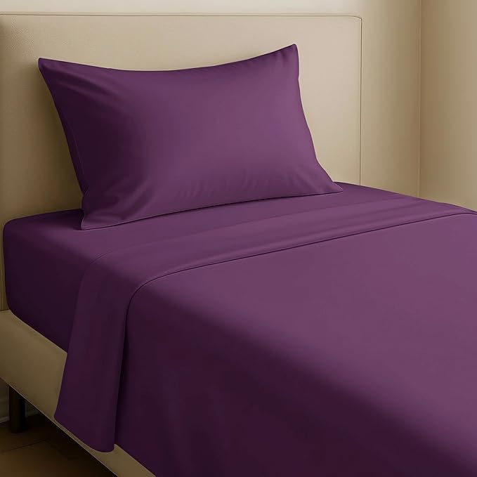 California Design Den 12" Pocket Sheets Twin XL Size Set - Natural 100% Cotton Sheets, Soft Sateen, All Around Elastic, Breathable and Durable Bedding for Dorm Room - Purple Passion