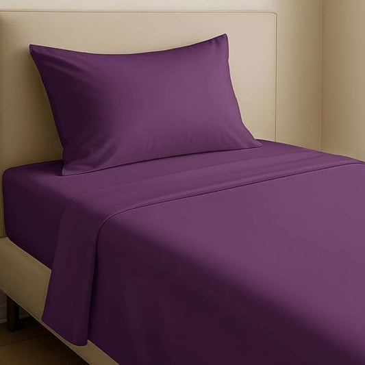 California Design Den 12" Pocket Sheets Twin XL Size Set - Natural 100% Cotton Sheets, Soft Sateen, All Around Elastic, Breathable and Durable Bedding for Dorm Room - Purple Passion