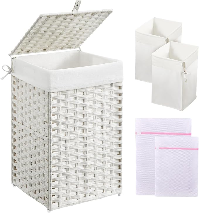 Greenstell Laundry Hamper with Lid, 60L Clothes Hamper with 2 Removable Liner Bags & 2 Mesh Bags, Handwoven Synthetic Rattan Basket, Toys in Bathroom, Bedroom White by Greenstell