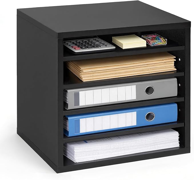 VEVOR Literature Organizer, 5 Compartments Office Mailbox with Adjustable Shelves, Wooden Mailbox Sorter with MDF, Countertop Office Home Classroom Storage Organizer for File, Document, Paper, Black by VEVOR