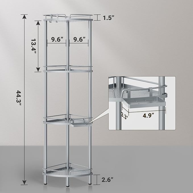 ELYKEN Corner Shower Caddy Standing, 4 Tier Rustproof Metal Shower Organizer with Soap Holder, Floor Shower Corner Shelf Rack Storage Stands with Adjustable Feet & 2 Hooks for Bathroom, Silver - Image 2