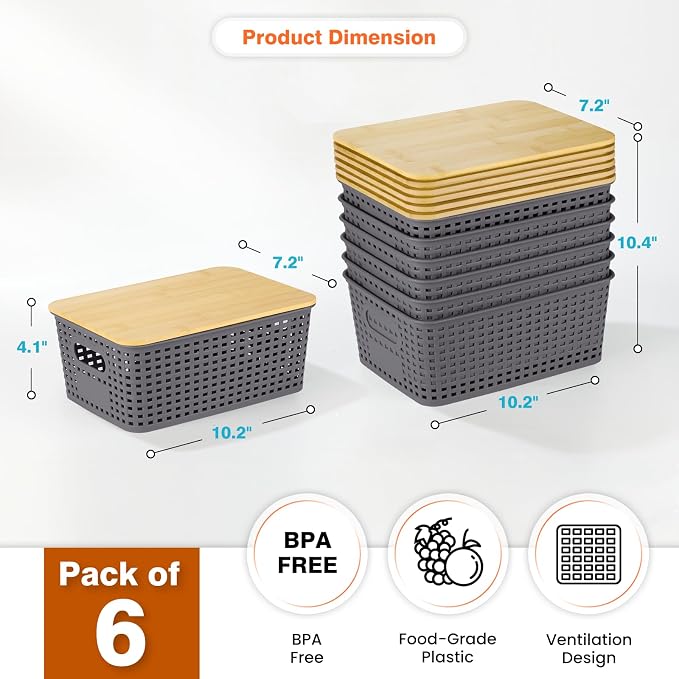 Plastic Storage Baskets With Bamboo Lid - Plastic Storage Containers Stackable Storage bins: Storage Baskets for Organizing Shelves Drawers Desktop Closet Playroom Classroom Office, 6 Pack, Gray - Image 2