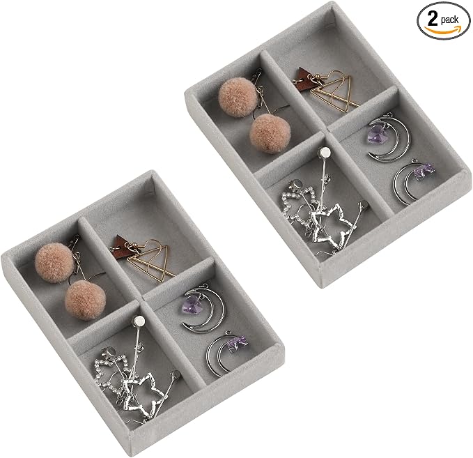 Frebeauty Small Jewelry Tray Set,Stackable Velvet Jewelry Organizer Tray,Mini Jewelry Drawer Organizer,Drawer Inserts,4.92 x 3.74 x 0.9 Inches,4 Grid Earring Organizer for Women(Set 2,Grey) by Frebeauty