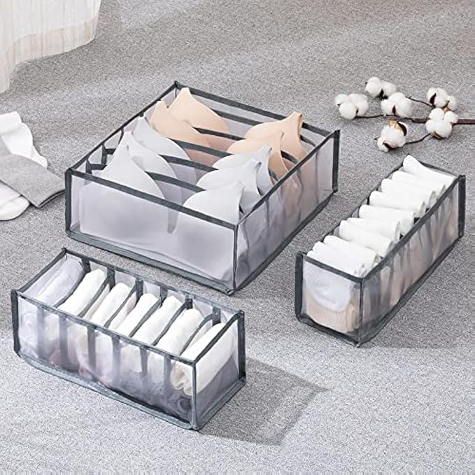 3 Set Underwear Organizer, Foldable Bra Underwear Drawer Organizer Divider Bins for Underwear, Socks, Ties, Bras, Underwear Storage Compartment Box (Gray) by TOPARCHERY
