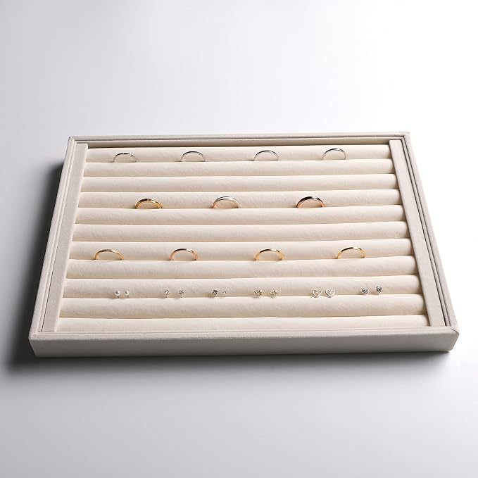Frebeauty Stackable Velvet Jewelry Organizer Trays for Drawers Inserts Jewelry Storage Tray Display Case Earrings Bracelets Necklace Rings Accessories Trays for Women Girls(Set of 4)（Beige - Image 5