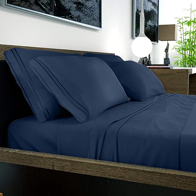 DREAMCARE California King Sheet Sets - 6 pcs Breathable Cooling Bed Sheets - up to 21" Extra Deep Cal King Sheets with Side Pockets - Extra Soft 100% Brushed Hypoallergenic Hotel Luxury Bedding N-Blue