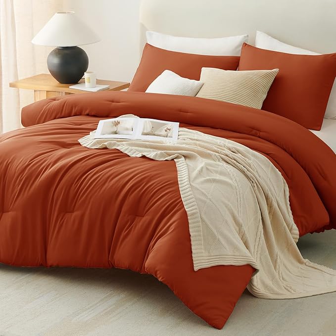CozyLux California King Comforter Set Burnt Orange, 3 Pieces Cal King Terracotta Solid Breathable Bedding Sets, Luxury Soft Lightweight Bed Set with Down Alternative Comforter and 2 Pillowcases