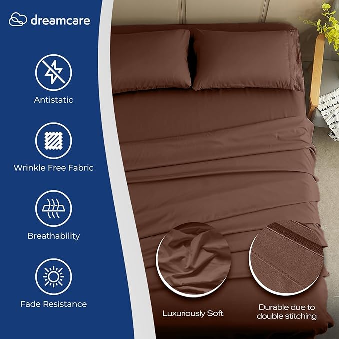 DREAMCARE Twin XL Sheet Sets - 4 pcs Breathable Cooling Bed Sheets - up to 15" Deep Pocket Twin XL Sheets Set with Side Pockets - Extra Soft 100% Brushed Hypoallergenic Hotel Luxury Bedding MochaBrown