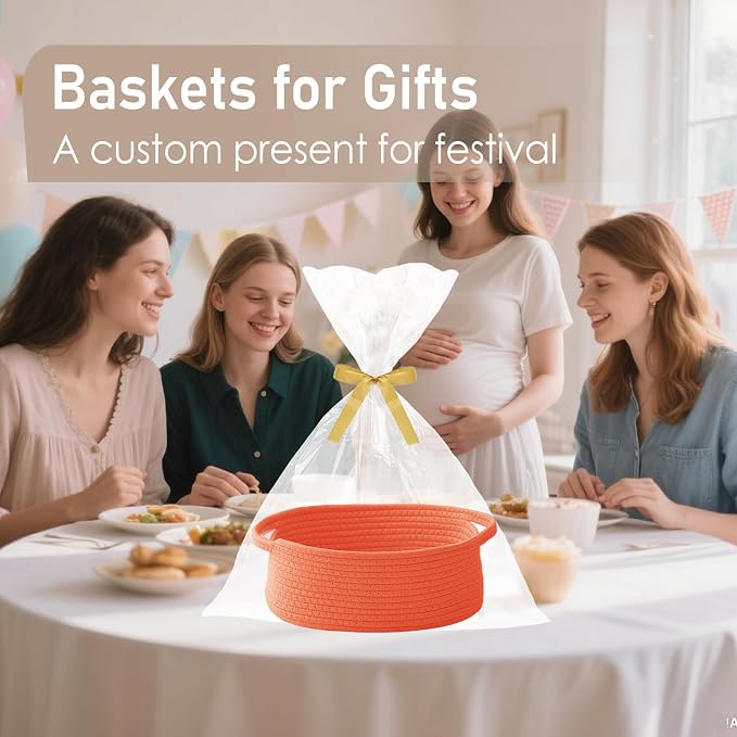 JMvicyroam Woven Basket,Small Rope Storage Bin with Handles & Ribbon Bag, Organizer for Shelves Closets,Gift Basket Empty for Birthday,Books,Dog Toys,Orange - Image 4