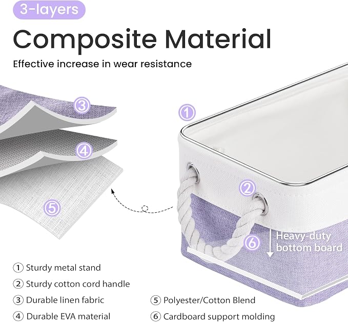 Storage Baskets for Shelves 11.8x7.9x5.2 Inch, Foldable Fabric Storage Bins with Handles, Small Storage Baskets for Organizing Closet, Office, Home Organization (6-Pack, White&Purple) - Image 2