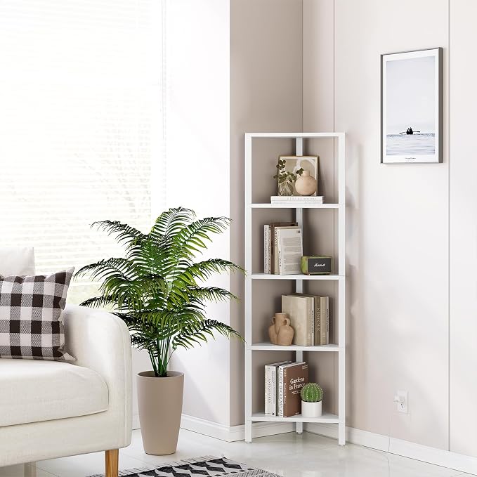TUTOTAK Corner Shelf with LED Light, 5-Tier Corner Bookshelf for Small Space, Narrow Display Corner Shelf Stand with Storage Rack, for Living Room, Bedroom, White BS05BW005L - Image 8