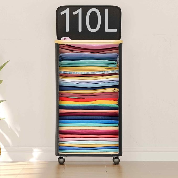 SUOCO Laundry Hamper on Wheels 100L, Clothes Basket with Lid and Bamboo Handles, Foldable Laundry Hamper for Bedroom, Bathroom, Dorm, Laundry Room - Black - Image 3