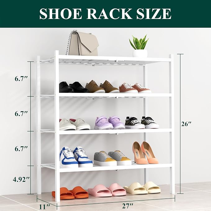 Smiry Shoe Rack, 4 Tier Thick Bamboo Shoe Organizer, Stackable Free Standing Wooden Shoe Storage Shelf for Closet, Entryway, Front Door Entrance, White - Image 2