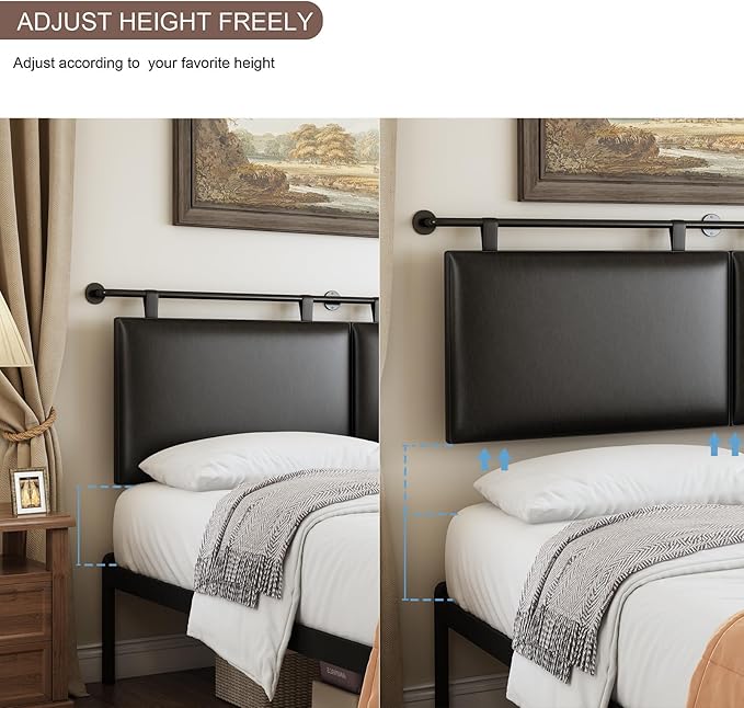 BSHOMGI King Size Headboard Wall Mount Headboard, PU Leather Head Board Only Black Hanging Head Boards, Industrial Pipe Modern Bed Backboard for Bedroom (Black, King)