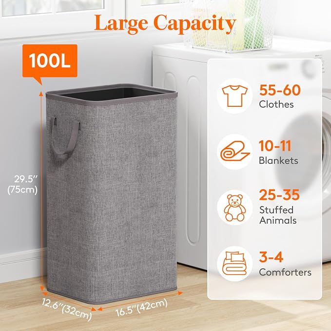 Lifewit 100L Large Tall Laundry Hamper, Collapsible Laundry Basket with Handles, Foldable Clothes Hampers for Laundry, Portable Dirty Clothes Hamper for Dorm College Bedroom Bathroom, Light Gray - Image 2
