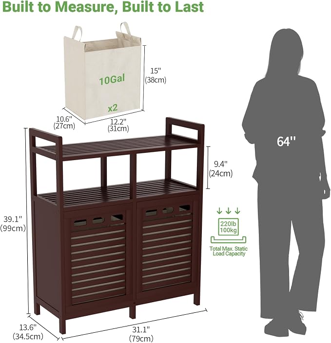 Homykic Tilt Out Laundry Hamper Cabinet, Bamboo Double Laundry Hamper with 2 Removable Laundry Baskets, 20 Gal Laundry Sorter Organizer with Shelf for Dirty Clothes, Bathroom, Laundry Room, Espresso - Image 7