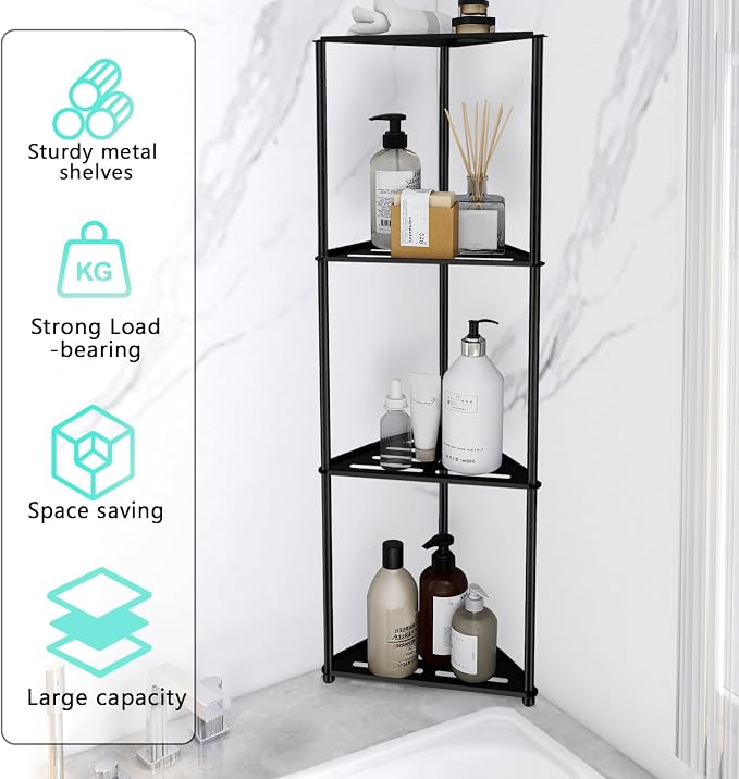 Standing Corner Shower Caddy, 4 Tier Stainless Steel Organizer Stand, Rustproof Shelves for Inside Shower, Black - Image 6