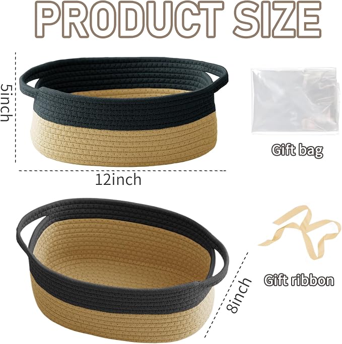 JMvicyroam Woven Basket,Small Rope Storage Bin with Handles & Ribbon Bag, Organizer for Shelves Closets,Gift Basket Empty for Birthday,Books,Dog Toys, Black&Jute - Image 2