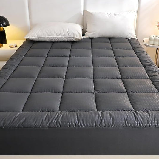 Quilted Fitted Mattress Pad, Quilted Fitted Premium Mattress Protector, Elastic Fitted Mattress Topper Protector and Cover Stretches up to 16 Inches Deep, Breathable, Machine Washable (Dgrey, Queen)