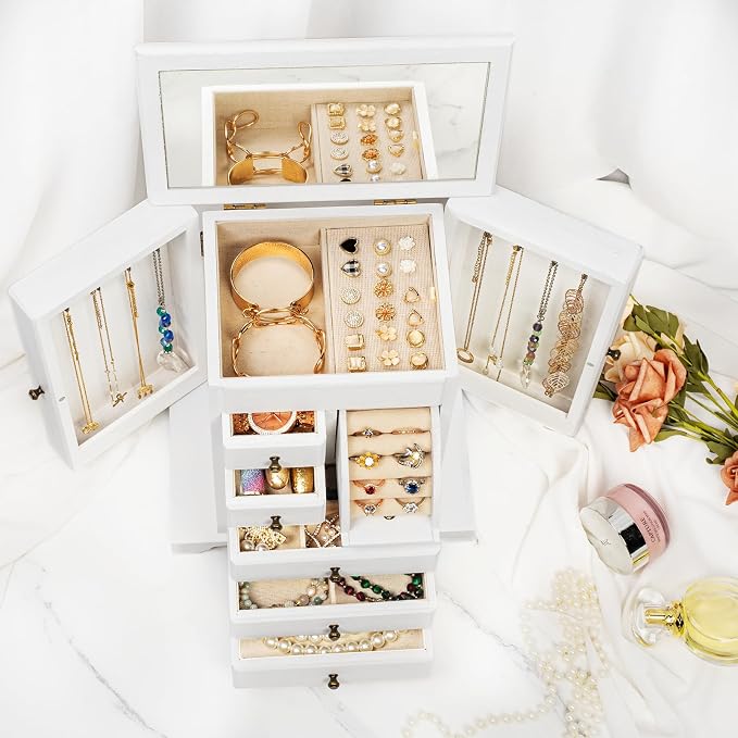 Jewelry Box for Women, Rustic Wooden Jewelry Boxes & Organizers with Mirror & Drawers,6 Layer Jewelry Organizer Box for Rings Earrings Necklaces Bracelets ((Weathered White) - Image 7