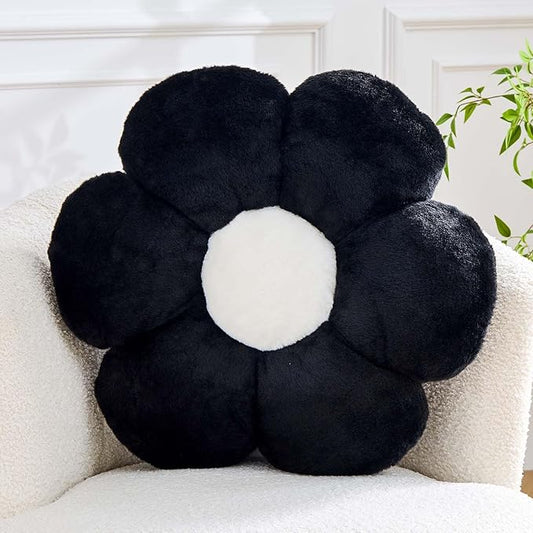 Kcvvcr Black Flower Pillow, Cute Decorative Flower Shaped Throw Pillow with Faux Rabbit Fur, 19.6" Soft Daisy Plush Floor Cushion Aesthetic Room Decor for Bed Sofa Couch