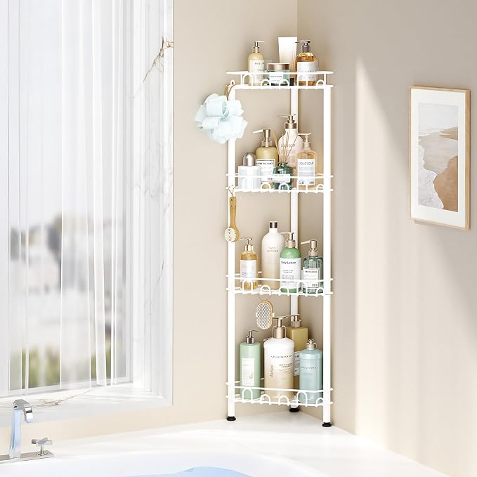 SWTYMIKI Standing Shower Caddy Corner - 4‑Tier Stainless Steel Shower Organizer Shelf with 16 Hooks and Adhesive Pads, Rustproof Corner Shelves Stand Rack for Bathroom Shower Room, white - Image 5