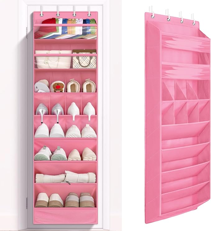 FENTEC 1 Pack 8 Shelves Over The Door Shoe Organizer,68" Exlarge Deep Pockets Hanging Shoe Organizers, Shoe Rack for Closet, Shoe Holder for Boots,Over Door Organizer in Home, RV, Dorm, Pink by Fentec