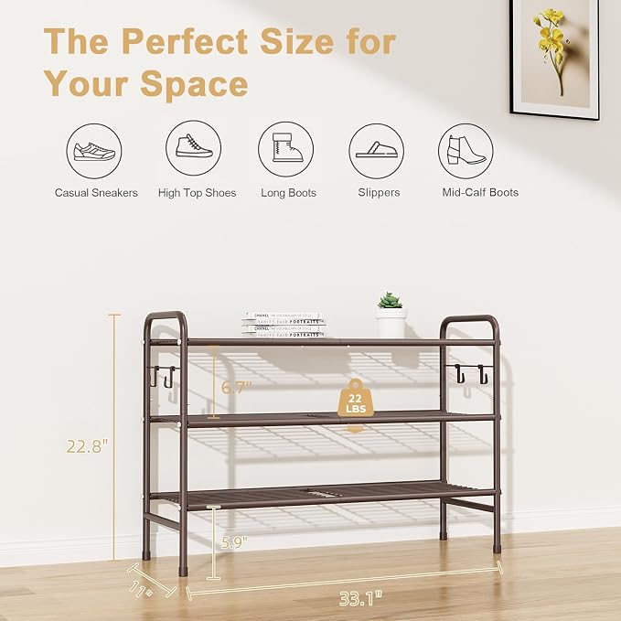 VILICK 3 Tier Shoe Rack 33" Wide Metal Shoe Organizer Long Shoe Storage with 4 Side Hooks Sturdy Shoes Shelf for Front Door Entrance, Closet, Garage, Dorm, Brown - Image 3