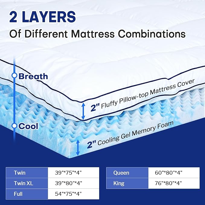 King Dual Layer 4 Inch Memory Foam Mattress Topper, Relax Body, Relieve Pain and Aid Sleep - 2 Inch Fluffy Pillow Top King Mattress Topper and 2 Inch Cooling Gel Memory Foam, 2X Support