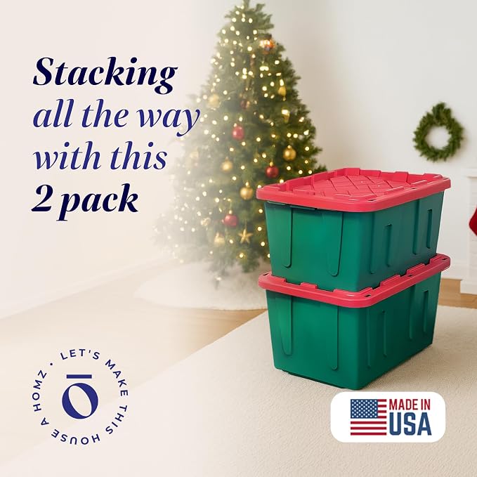 HOMZ 2-Pack Durabilt, Heavy Duty Plastic Storage Bins with Lids, 27 Gallon, Green/Red - Stackable Container Boxes for Holiday, Attic, and Garage Organization - Image 2