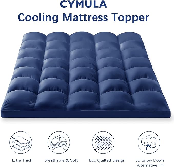 CYMULA Short Queen Mattress Topper, Cooling Bed Mattress Topper, Navy Thick Mattress Pad Cover Pillow Topper