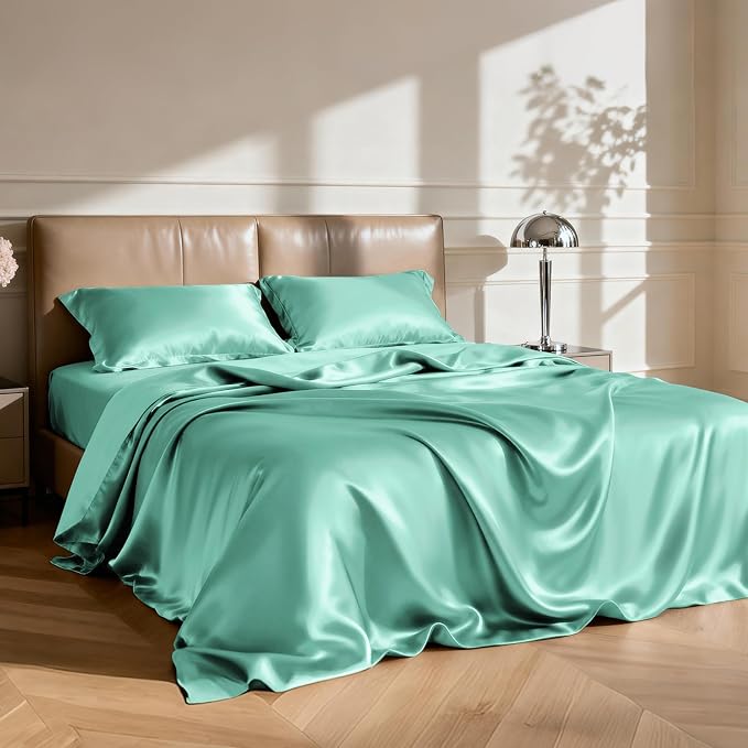 Love's cabin Satin King Sheet Sets - 4 Piece Aqua Silky Sheets King Size Bed Set with Deep Pocket, Luxury Silk Feel King Size Satin Sheet Set (1 Flat Sheet,1 Fitted Sheet,2 Pillow Cases)