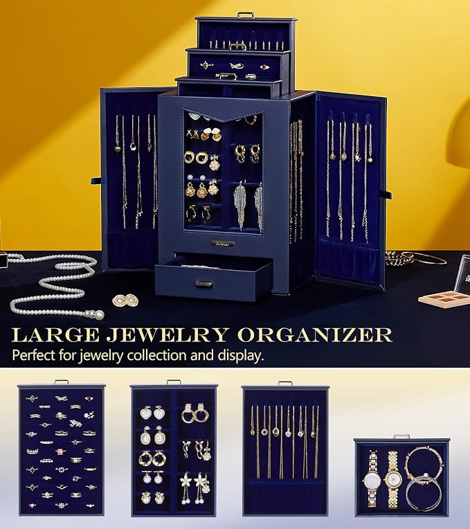 Homde Jewelry Organizer with Transparent Window Necklace Hooks Gift for Women Jewelry Box Display Case for Necklaces Rings Earrings Bracelets and Other Accessories (Dark Blue) - Image 5