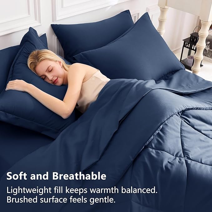 CozyLux Full Size Comforter Sets Navy Blue - 7 Pieces Bed in a Bag Full, Luxury Soft Bed Set for All Seasons, Bedding Set with Down Alternative Comforter, Sheets, Pillowcases & Shams
