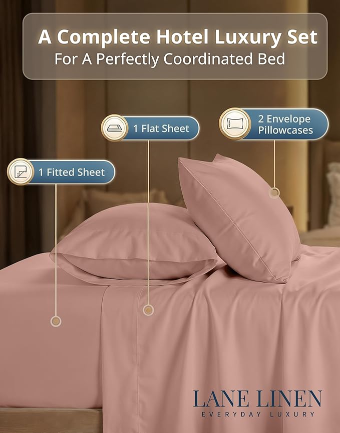Lane Linen 100%cotton Extra Soft Full Size Bed Sheets Set - 600 TC Sateen Weave - Smooth, Comfortable Sheets For Everyday Use - Hotel Quality Luxury - Snugly Fits Mattress upto 15'' Deep - Sepia Rose