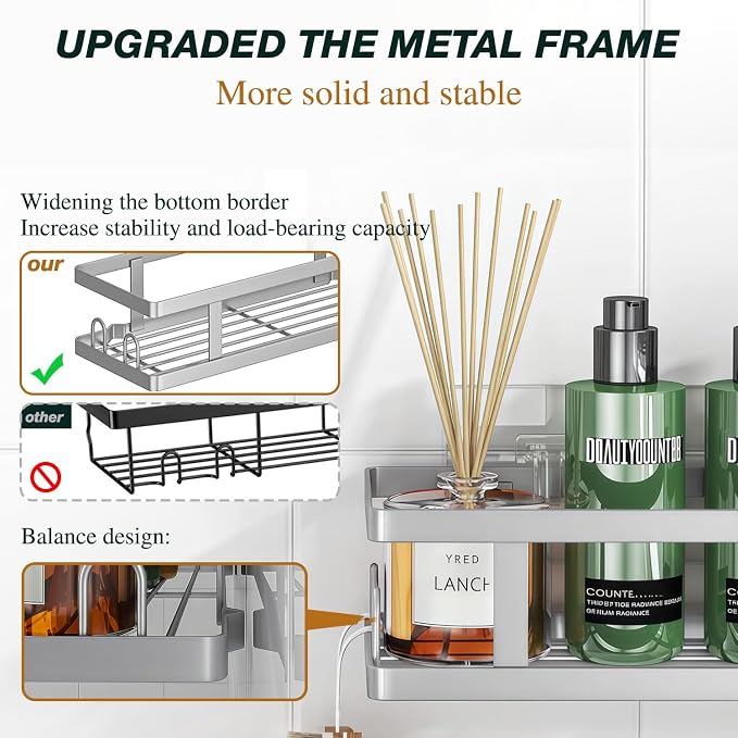 Youvip Adhesive Shower Caddy, 3 Pack Shower Shelves with Soap Holder and 12 Hooks, Rustproof No Drilling Bathroom Organizer and Storage, Silver - Image 6