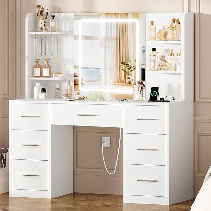 FIONESO Large Vanity Desk with LED Lighted Mirror & Power Outlet, Makeup Vanity Table with 7 Drawers,4 Shelves and 5 Hooks, White Vanity for Bedroom, Bathroom