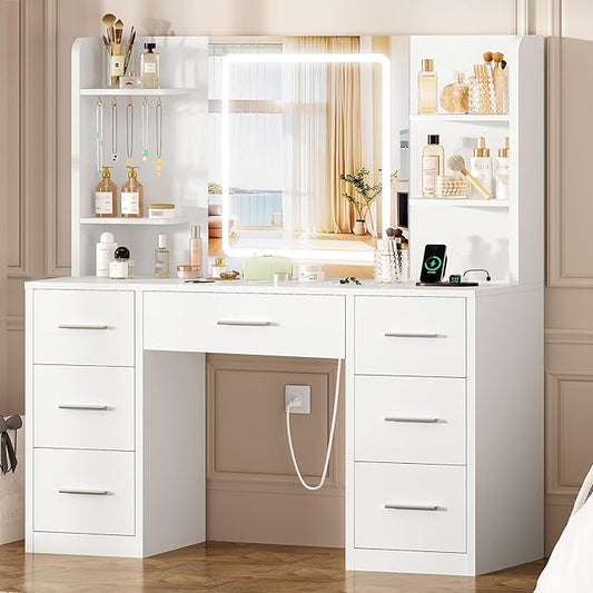FIONESO Large Vanity Desk with LED Lighted Mirror & Power Outlet, Makeup Vanity Table with 7 Drawers,4 Shelves and 5 Hooks, White Vanity for Bedroom, Bathroom