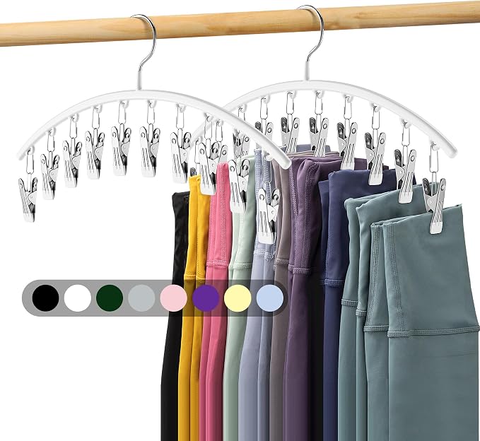 Legging Organizer for Closet, Metal Yoga Pants Hanger w/Rubber Coated 2 Pack w/10 Clips Hold 20 Leggings, Hangers Space Saving Hanging Closet Organizer for Closet Organizers and Storage-White by Volnamal