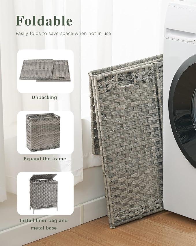 SETVSON Laundry Hamper with Lid, 112 L Handwoven Rattan Wicker Laundry Basket, 2 Removable Liner Bags Metal Heightened Feet, 6 Mesh Bags, 2 Section Large Clothes Hamper for Bathroom Bedroom, Gray - Image 6