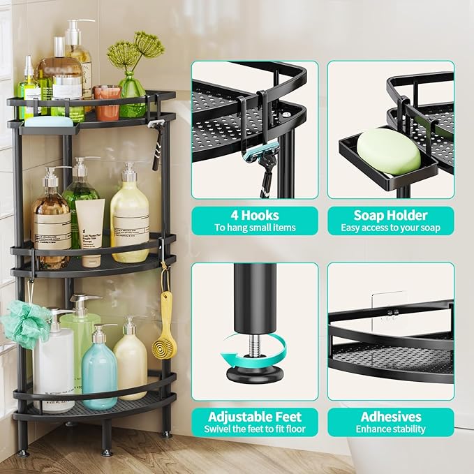 HapiRm Standing Corner Shower Caddy - 3 Tier Shower Organizer Corner with Soap Holder and 4 Hooks, Rustproof Bathroom Storage Shelves with Adhesives, Black - Image 3