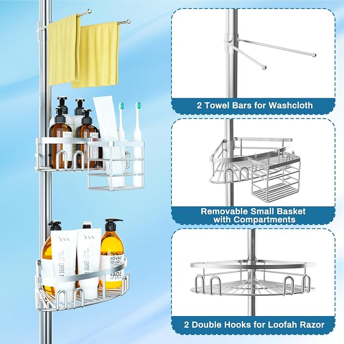 Rustproof Shower Corner Caddy Shelf for Bathroom Tension Pole Organizer with 4 Baskets for Bathtub Shampoo Storage from 23.6 to 114.5 Inch with Towel Bar (Silver) - Image 3