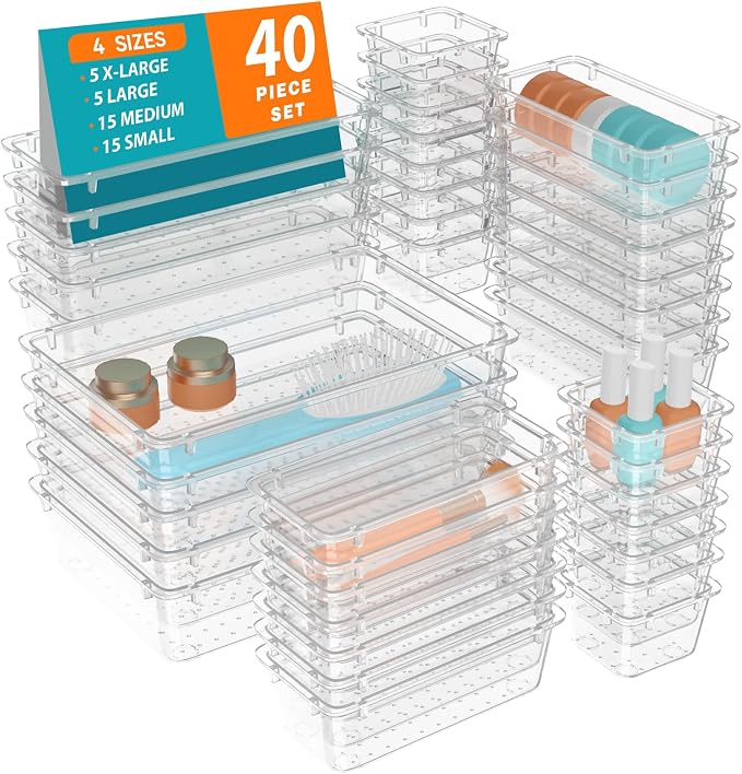 WOWBOX 40 PCS Clear Plastic Drawer Organizer Set, 4 Sizes Desk Drawer Organization and Storage Containers for Makeup, Cosmetics, Jewelry and Gadgets in Kitchen, Bathroom, Bedroom, Office, Clear by WOWBOX