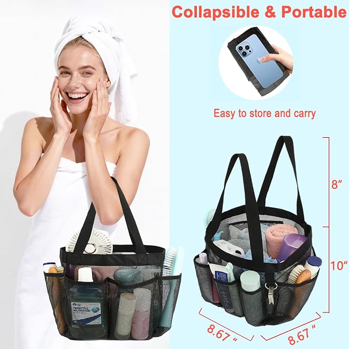 Fammart Mesh Shower Caddy Portable for College Dorm Room Essentials, 8-Pocket Large Shower Basket Tote Bag with 2 Handles for Toiletry, Bathroom, Beach, Camp, Gym - Image 2